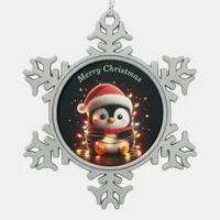 Cute Penguin Wrapped in Christmas Lights Snowflake Pewter Christmas Ornament