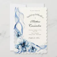 Elegant Dusty Blue Navy  Flowers Wedding  Invitation