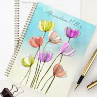 Elegant Black Lined Blossoms on Pastel Watercolor Planner