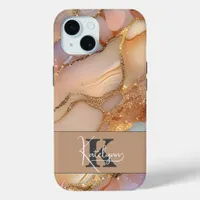 Elegant Mother of Pearl and Gold Glitter Monogram  iPhone 15 Case