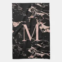 Chic Rose Gold Foil Black Marble Monogram Kitchen Towel