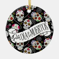 Sugar Skulls and Swirls Rose Black ID725 Ceramic Ornament