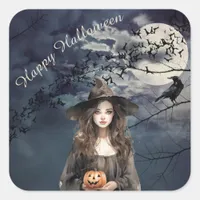 Halloween Witch in Moonlight  Square Sticker