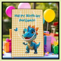 Cute Yellow Gingham Blue Dinosaur Birthday Medium Gift Bag