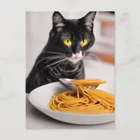 Black Cat Eating Spaghetti Postcard