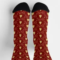 Christmas Gold Stars Trees & Deep Red Unisex Adult Socks