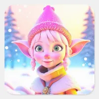 Cute Pink Elf Whimsical Christmas Square Sticker