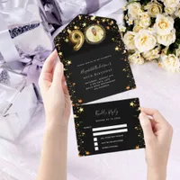 90th birthday black gold stars photo rsvp all in one invitation