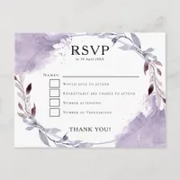 Watercolor Leaves Purple Lilac Gray Wedding RSVP Postcard