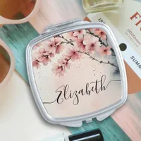 Watercolor Cherry Blossom Floral Girly Script Name Compact Mirror