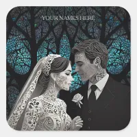 Beautiful wedding couple on a blue Tree of Life Square Sticker