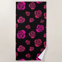 Red Pink and Magenta Roses on Black Background Beach Towel