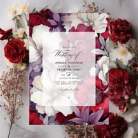 Silver, White and Deep Red Floral Wedding Invitation