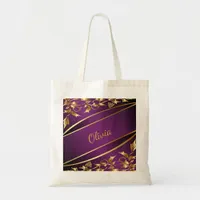 Purple gold floral name script elegant tote bag