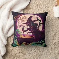 A witch brewing potions under a full moon throw pillow