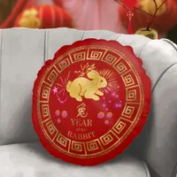 Chinese Zodiac Rabbit Red/Gold ID542 Round Pillow