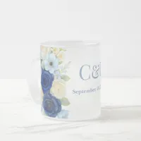 Navy Royal Bue Wedding Watercolor Ivory Flowers Frosted Glass Coffee Mug