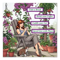 Pretty Woman Drinking Coffee, Her Dog and Plants Photo Print