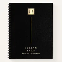 Elegant Leather Print Black & Gold Monogram Spiral Notebook