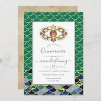 Teal & Gold Monogram Gemstone Mermaid Quinceañera Invitation