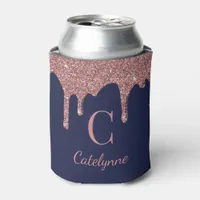 Navy Blue Rose Gold Sparkle Glitter Drips Monogram Can Cooler