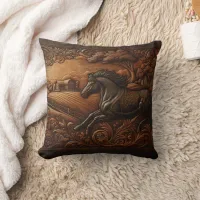 Majestic Horse Carving in Rustic Landscape Throw Pillow