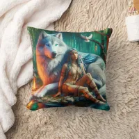 Native American Woman and Wolf by Tranquil Water Throw Pillow