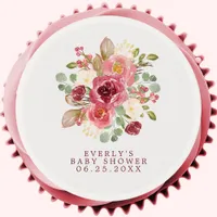 Burgundy Floral Watercolor Flowers Baby Shower Edible Frosting Rounds