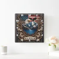 Majestic Eagle Over Mountains and American Flag Square Wall Clock