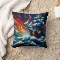 Vibrant Pirate Ship Navigating Stormy Seas at Dusk Throw Pillow