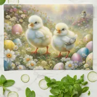 Cute chicks in a meadow with Easter eggs, vintage  Kitchen Towel