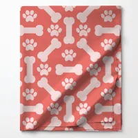 Coral and White Dog Bones and Paw Prints Pattern Fabric