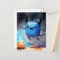 Watercolor Cute Blue Monster and a Campfire Postcard