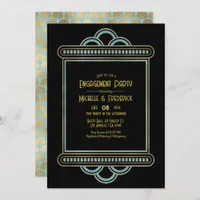 Gatsby Art Deco Blue & Gold Engagement Party Photo Invitation
