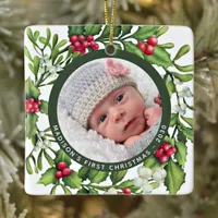 First Christmas Mistletoe Wreath Custom Baby Photo Ceramic Ornament
