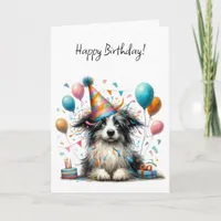 Cute Black and White Dog in a Birthday Party Hat  Card
