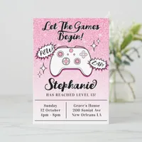 Gamer Controller Girly Pink Glitter 13th Birthday Invitation