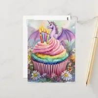 Unicorn Dragon With Cupcake and Flowers Postcard