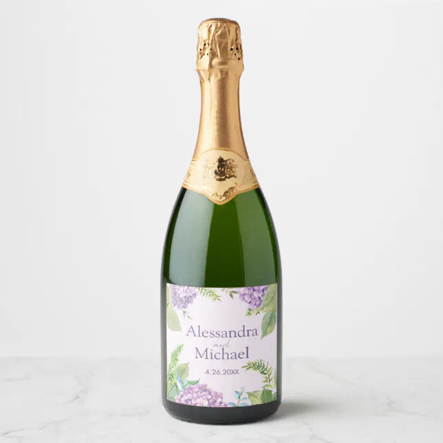 Watercolor Lavender Hydrangea Flowers Wedding Sparkling Wine Label