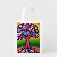 Colorful Folk Art Style Whimsical Tree   Grocery Bag