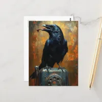 Raven on a Vintage Phone Postcard