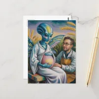 Pregnant Alien With Wings in Wheat Field Postcard