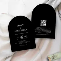 Minimalist Text QR Code Black Arch Wedding  Invitation