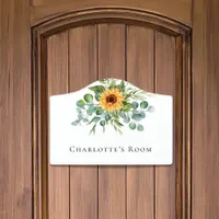 Sunflowers eucalyptus greenery white name  door sign