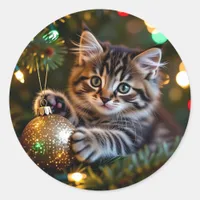 Little Kitten on Christmas Tree   Classic Round Sticker