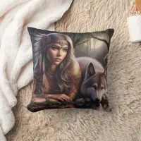 Native American Woman Sitting by Wolf at Night Throw Pillow