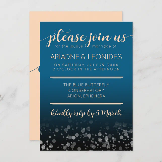 Elegant Peach Oceanic Blue Wedding A New Chapter Invitation