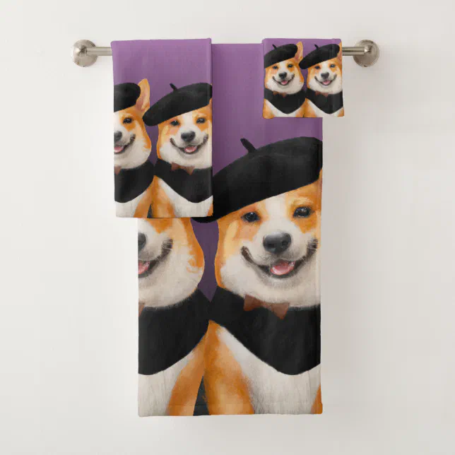 Cute Chic Corgi Dogs Wearing Berets & Bandanas Bath Towel Set