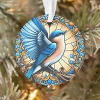 Vibrant Blue Bird Perched on Stained Glass Ornament