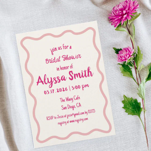 Handwritten Wavy Border Girly Pink Bridal Shower Invitation